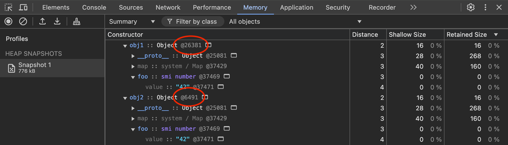 The heap profiler demonstrating that two objects have different memory locations