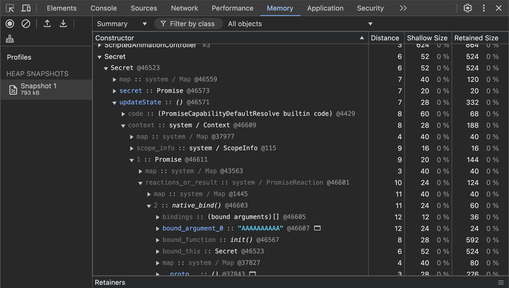 An image showing off the DevTools heap profiler