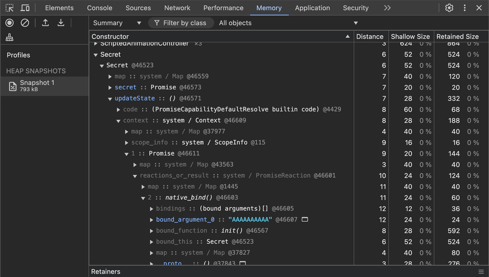 An image showing off the DevTools heap profiler