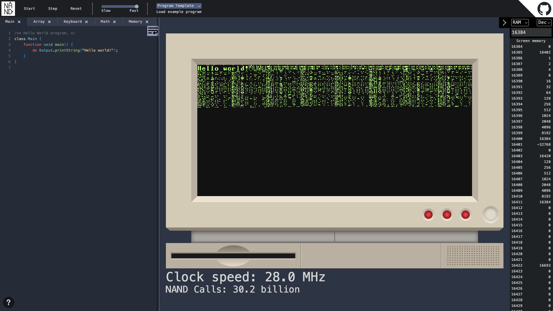 A screen with heap memory and hello world printed