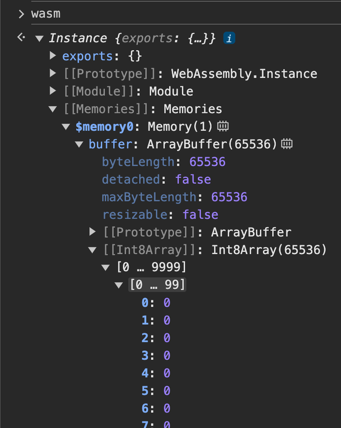 An image demonstrating that DevTools reveals WebAssembly memory